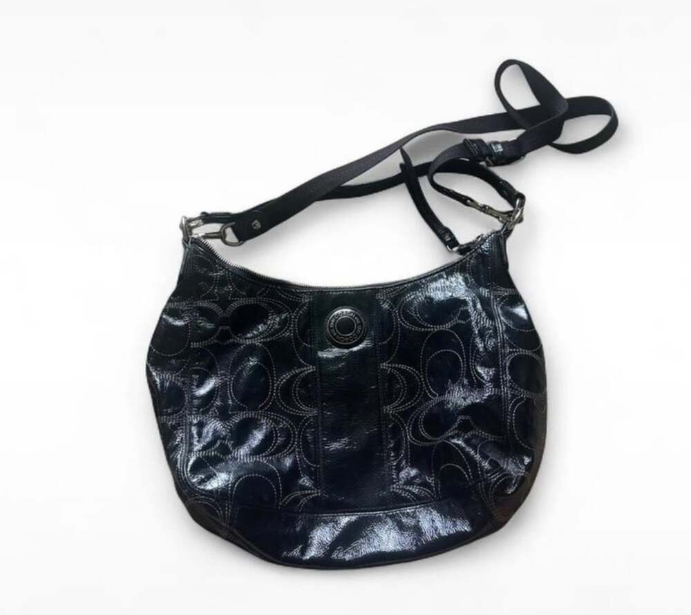 Coach Signature Stitched Black Patent Leather Hobo Bag F19282